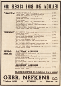 717427 Advertentie van de Gebr. Nefkens N.V. , Automobiel Maatschappij, Biltstraat 106 te Utrecht voor modellen van de ...